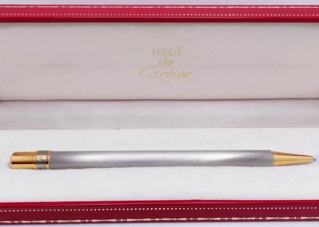 CARTIER MUST DE CARTIER SILVER & GOLD PLAQUE CLIPLESS BALLPOINT PEN BOX: Cartier Must de Cartier Silver & Gold Plaque Clipless Ballpoint Pen Serial # A80178 Original Box Included