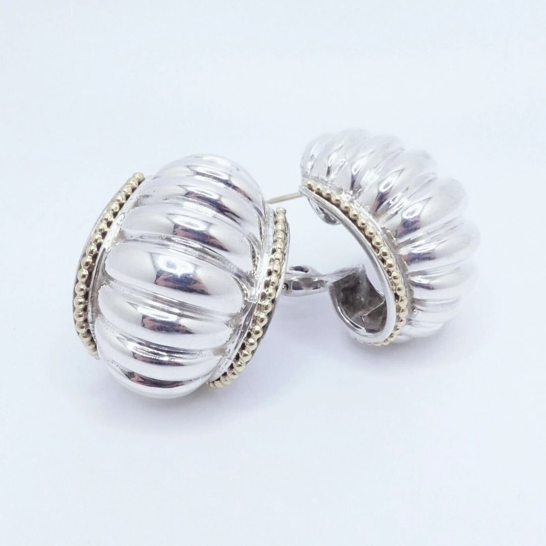 LAGOS CAVIAR STERLING SILVER 18K YELLOW GOLD FLUTED SHRIMP OMEGA BACK EARRINGS: LAGOS CAVIAR STERLING SILVER 18K YELLOW GOLD FLUTED SHRIMP OMEGA BACK EARRINGS LAGOS Caviar Sterling Silver 18K Yellow Gold Fluted Shrimp Omega Back Statement Earrings with 14K Yellow Gold Post Height