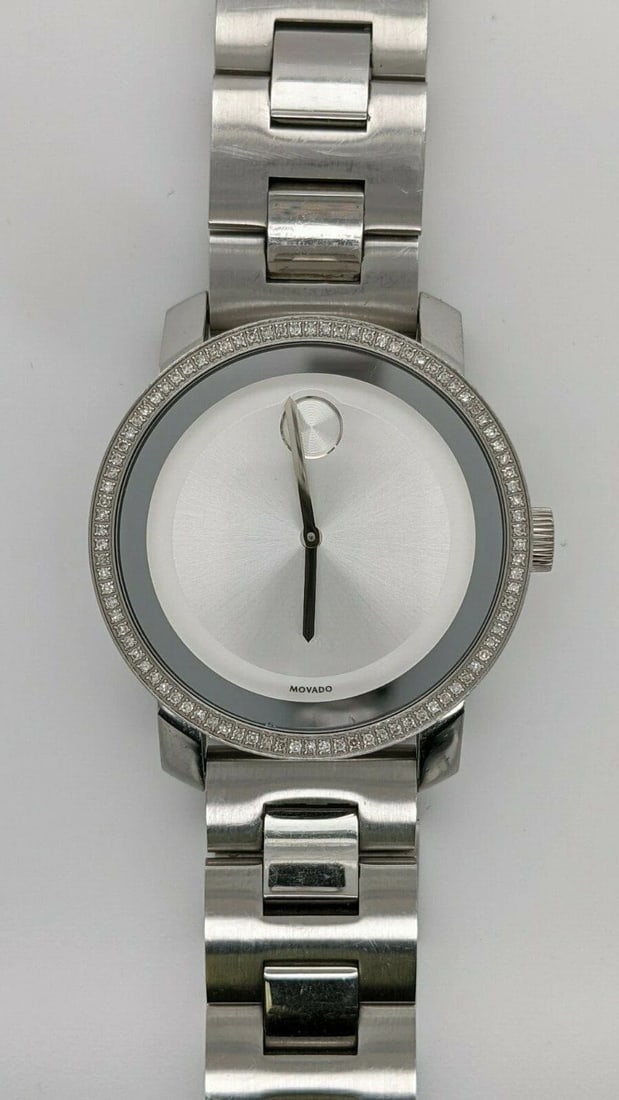MOVADO BOLD MB.01.3.14.6065S STAINLESS STEEL & DIAMOND BEZEL QUARTZ WATCH - 36MM: MOVADO BOLD MB.01.3.14.6065S STAINLESS STEEL & DIAMOND BEZEL QUARTZ WATCH - 36MM Movado Bold Stainless Steel Diamond Bezel Quartz Watch Reference - MB.01.3.14.6065S Case Size - 36mm New Battery Instal