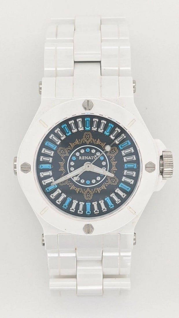 RENATO TOPAZ & WHITE CERAMIC QUARTZ WATCH - 36MM LIMITED EDITION: RENATO TOPAZ & WHITE CERAMIC QUARTZ WATCH - 36MM LIMITED EDITION Renato Topaz & White Ceramic Quartz Watch Case Size - 36mm Limited Edition 67 / 75 Bracelet Fits Up to a 6.5" Wrist New Battery Install
