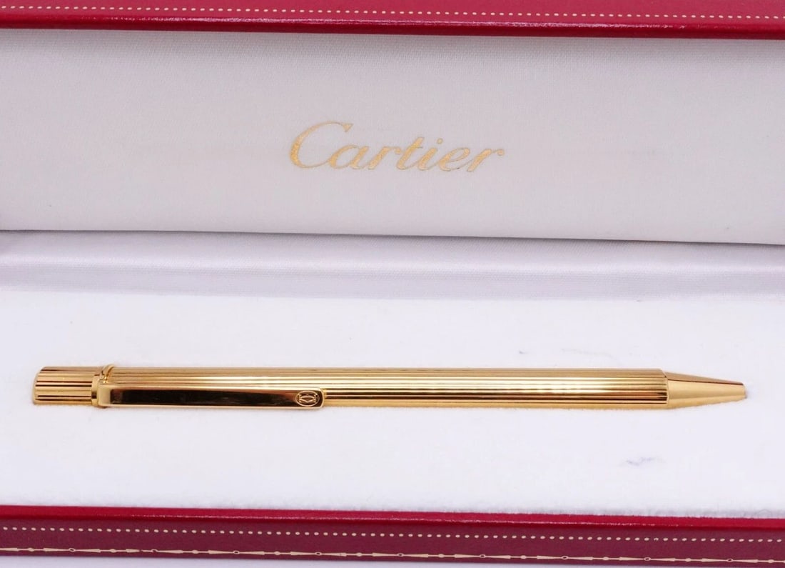 CARTIER MUST DE CARTIER GOLD PLAUQE BALLPOINT PEN WITH BOX (1 of 2)