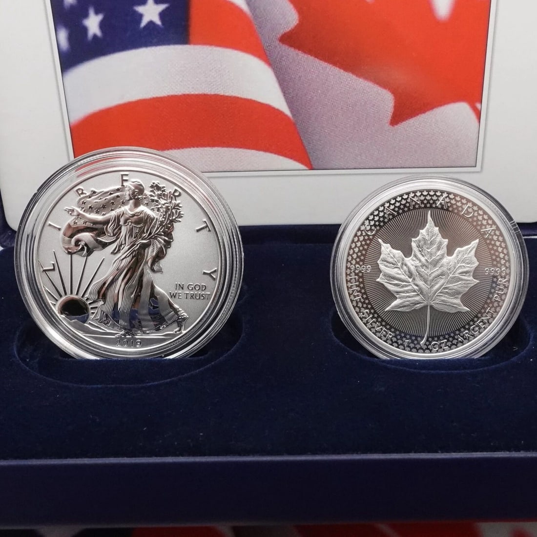 2019 US & CANADIAN PRIDE OF TWO NATION LIMITED EDITION SILVER COIN SET OGP COA: 2019 U.S Mint & Royal Canadian Mint Pride of Two Nation Limited Edition 1 Troy Oz. Silver Two- Coin Set Item # 19XB Coins Specification as follow; (1) American Eagle Dollar $1 USD Finish - Enhanced Re