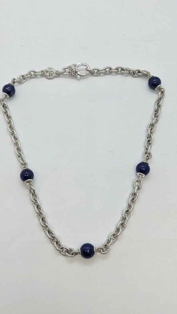 JUDITH RIPKA STERLING SILVER LAPIS LAZULI GEMSTONE STATION CHAIN NECKLACE 18": JUDITH RIPKA STERLING SILVER LAPIS LAZULI GEMSTONE CHAIN NECKLACE - 18" LONG Judith Ripka Sterling Silver Blue Lapis Necklace Length - 18" Long Slight Scuff on one of the Beads Check Pictures Total We