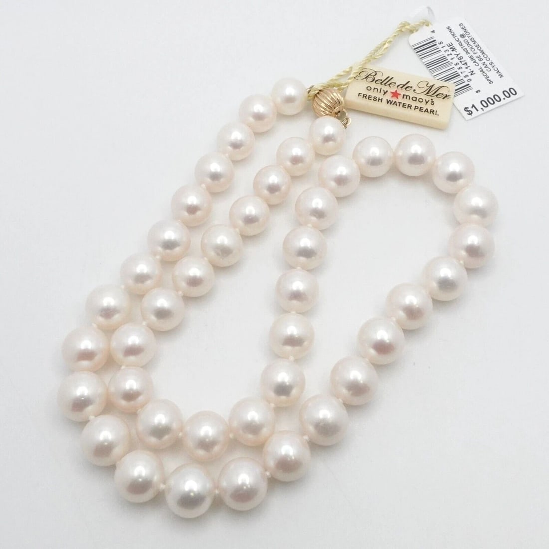14K YELLOW GOLD CLASP RIBBED 9.5-10.5MM WHITE CULTURED PEARL NECKLACE 18" TAG: 14K YELLOW GOLD CLASP RIBBED 9.5-10.5MM WHITE CULTURED PEARL NECKLACE 18" TAG 14K Yellow Gold Ribbed Ball Clasp White Cultured Pearl Strand Knotted Necklace Length - 18" Long Pearl Size - 9.5-10.5mm C