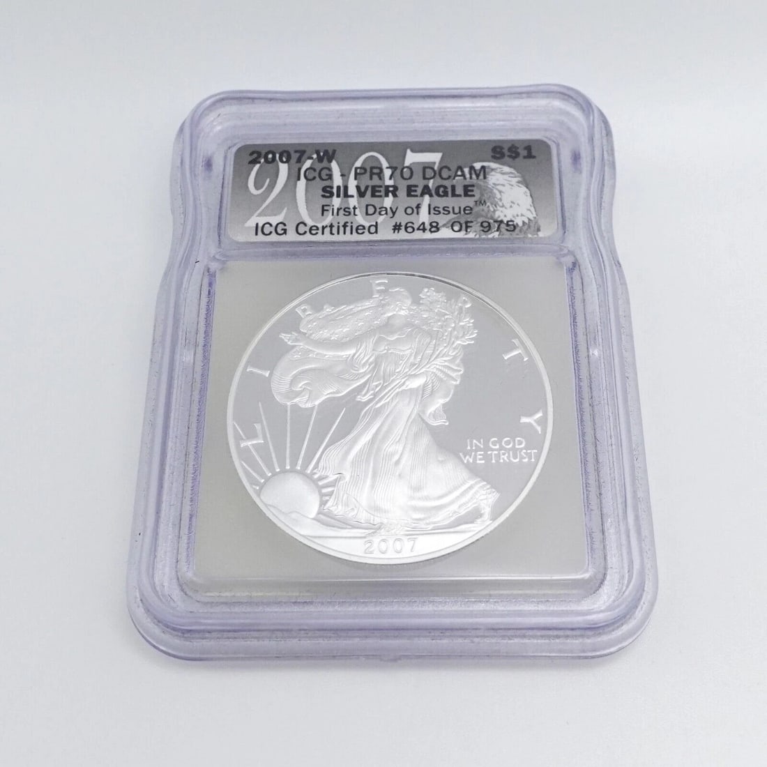 2007 W AMERICAN EAGLE SILVER $1 DOLLAR COIN FIRST DAY OF ISSUE - ICG PR70 DCAM (1 of 2)
