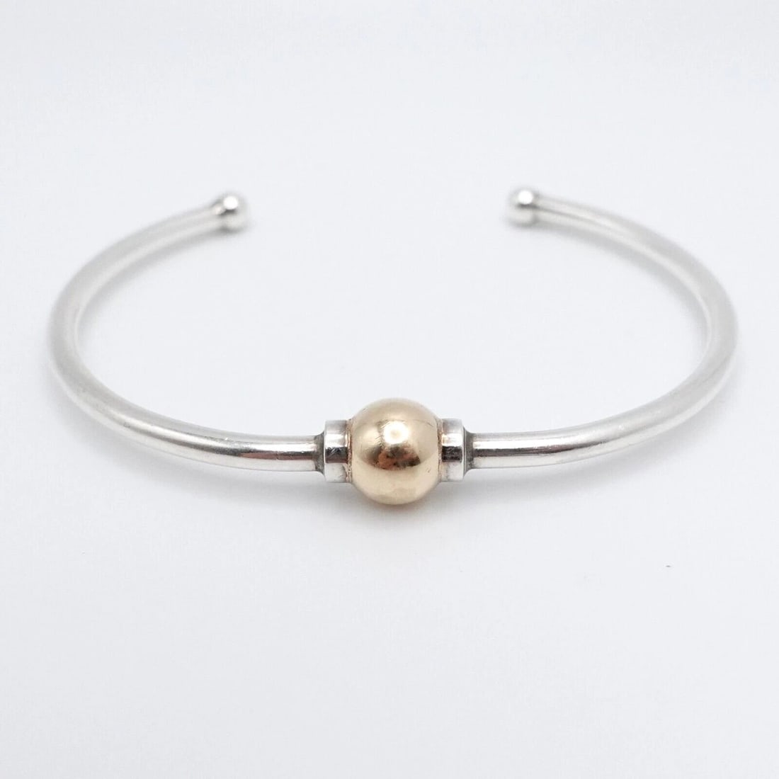 14K YELLOW GOLD CAPE CODE SINGLE BALL STERLING SILVER CUFF BRACELET - SIZE 6" (1 of 2)