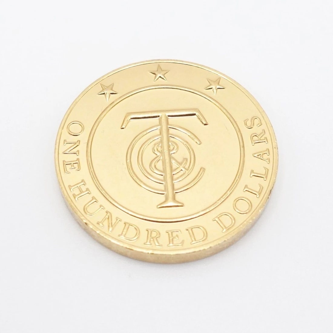 TIFFANY & CO. $100 GOLD PLATED TIFFANY MONEY COIN TOKEN #Q2: Tiffany & Co. $100 One Hundred Dollar Gold Plated Tiffany Money Coin Token #Q2 No Pouch or Box is Included.