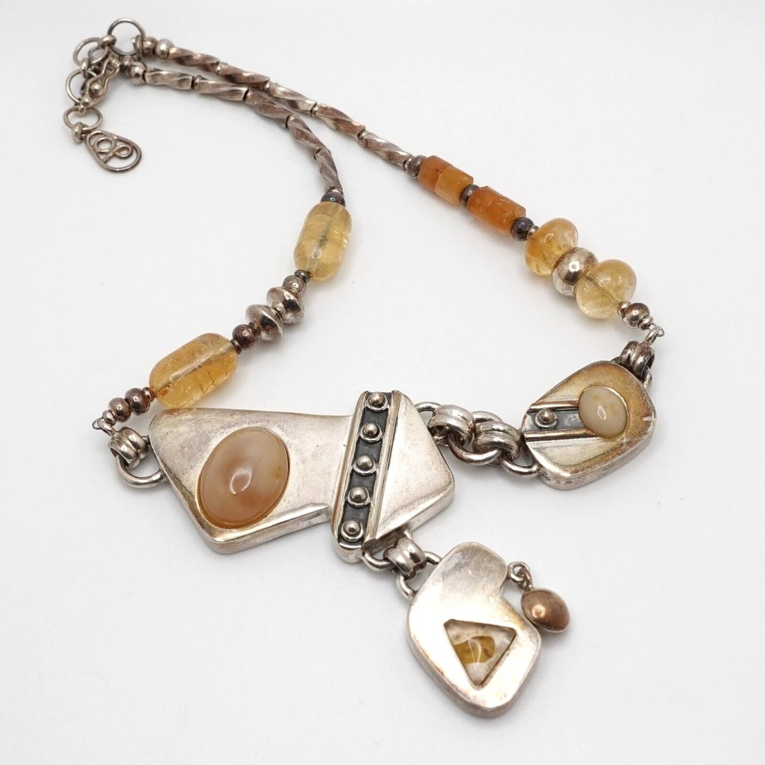 OP SILVER 950 CITRINE GEMSTONE PENDANT CHUNKY CHAIN NECKLACE - 18": OP SILVER 950 CITRINE GEMSTONE PENDANT CHUNKY CHAIN NECKLACE - 18" Silver 950 OP Citrine Gemstone Asymmetrical Pendant Beaded Chain Chunky Necklace Length - 17" - 18" Pendant Width - 4" Pendant Height