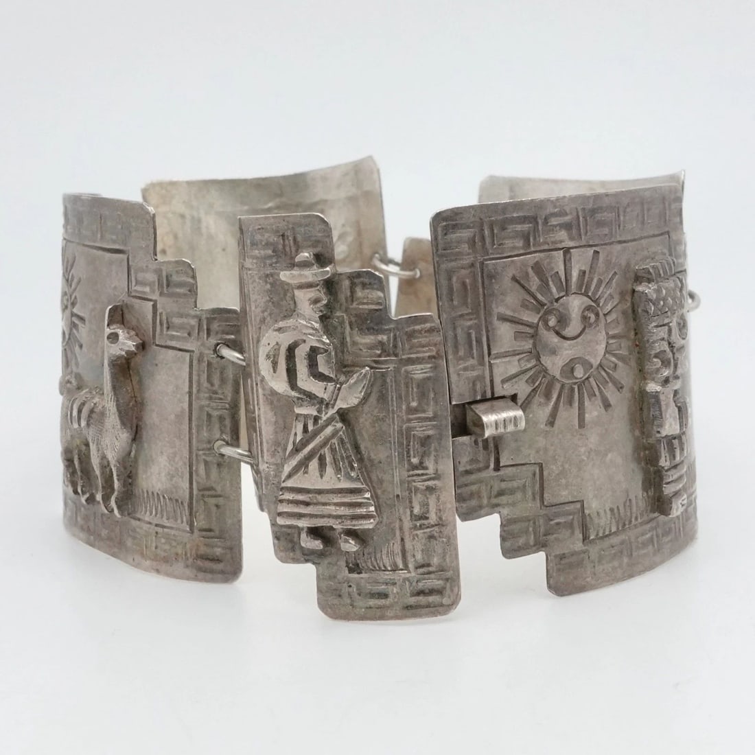 STERLING SILVER PERU AZTEC STORYTELLER PANEL CHAIN LINK WIDE BRACELET 7" WRIST (1 of 2)