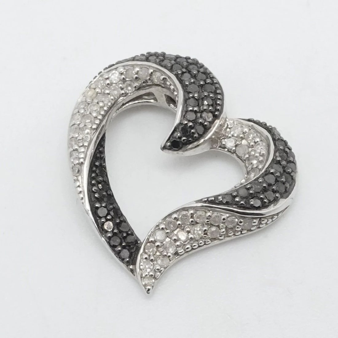 STERLING SILVER BLACK AND WHITE PAVE DIAMOND OPEN HEART SLIDE PENDANT (1 of 2)