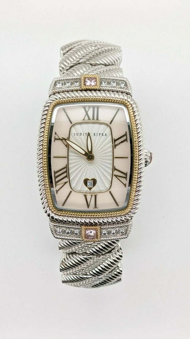 JUDITH RIPKA STAINLESS STEEL QUARTZ WATCH - 28MM: JUDITH RIPKA STAINLESS STEEL QUARTZ WATCH - 28MM Judith Ripka Stainless Steel Quartz Watch Case Size - 28mm Bracelet Fits Up to 6.5" Wirst New Battery Installed 1/28/2020 Great Condition & Very Well K