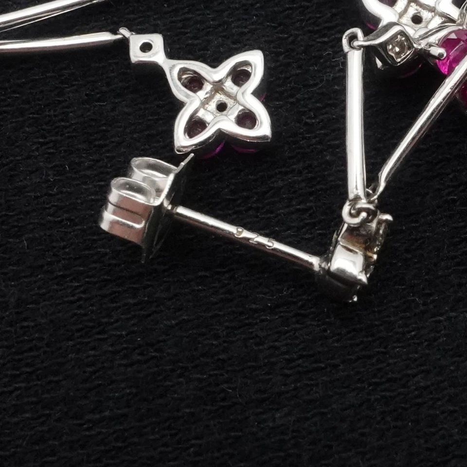 STERLING SILVER PINK RUBY DIAMOND FLOWER DAINTY DANGLE EARRINGS - 2