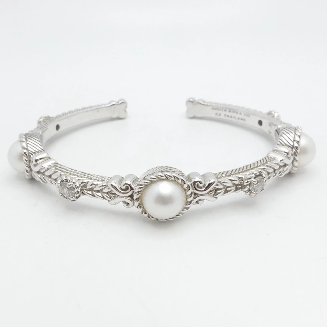 JUDITH RIPKA STERLING SILVER ROUND PEARL CLEAR CZ CUFF BRACELET 7.25" WRIST (1 of 2)