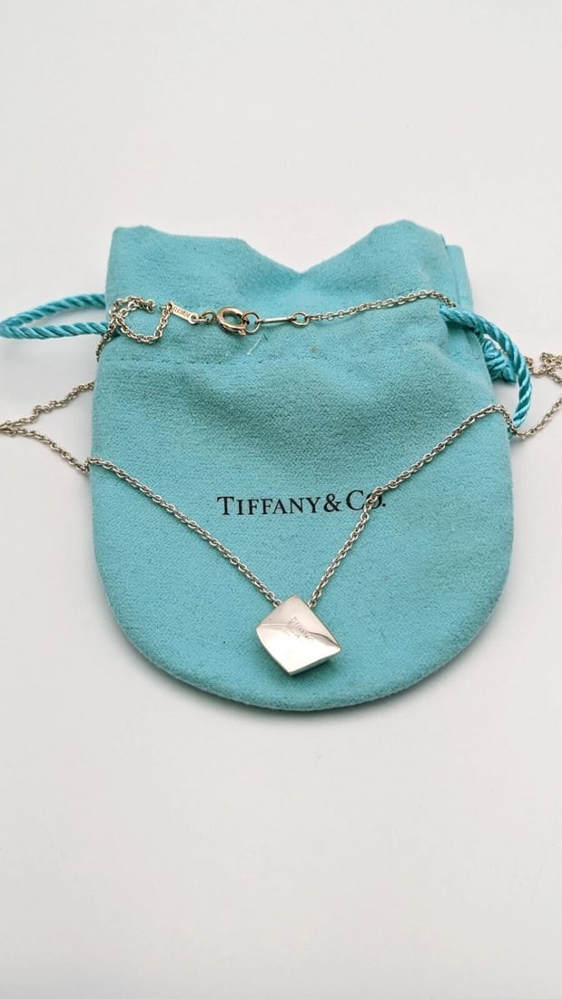 TIFFANY & CO. ELSA PERETTI STERLING SILVER BOX SHAPE PENDANT NECKLACE 18" LONG: Tiffany & Co. Elsa Peretti Sterling Silver Box Shape Pendant Necklace Length - 18" Long ** Lobster Clasp Has Been Replaced " Pouch NOT Included