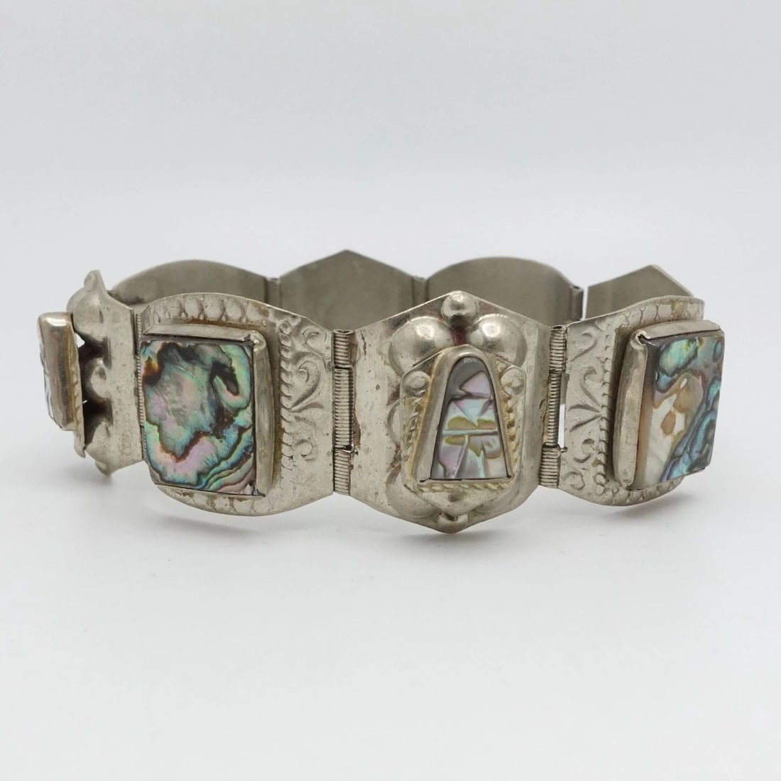 STERLING SILVER MOTHER OF PEARL PANEL CHAIN LINK STATEMENT BRACELET 7.25" WRIST (1 of 2)