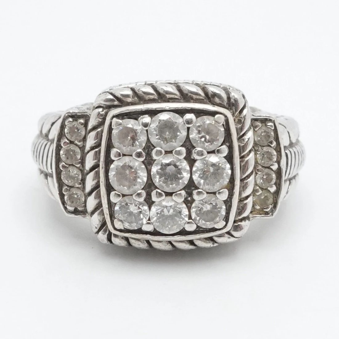 JUDITH RIPKA STERLING SILVER PAVE CLEAR CUBIC ZIRCONIA CABLE RING SIZE 6.25: JUDITH RIPKA STERLING SILVER PAVE CLEAR CUBIC ZIRCONIA CABLE RING SIZE 6.25 Judith Ripka Sterling Silver Pave Clear Cubic Zirconia Cable Ring Size - 6.25 Band Width - 3mm Height - 13mm Total Weight - 