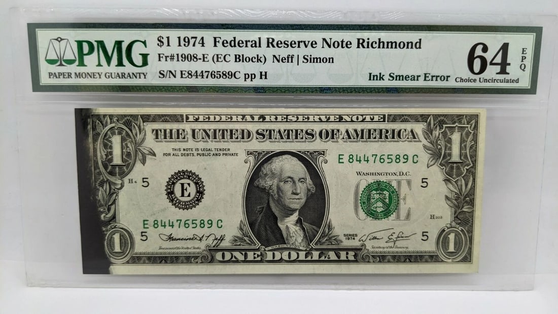 1974 $1 FEDERAL RESERVE NOTE RICHMOND PMG 64 EPQ - INK SMEAR ERROR (1 of 2)