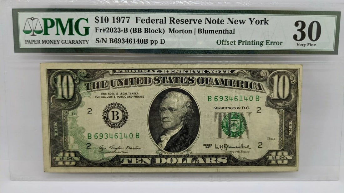 1977 $10 FEDERAL RESERVE NOTE NEW YORK PMG 30 - OFFSET PRINTING ERROR (1 of 2)