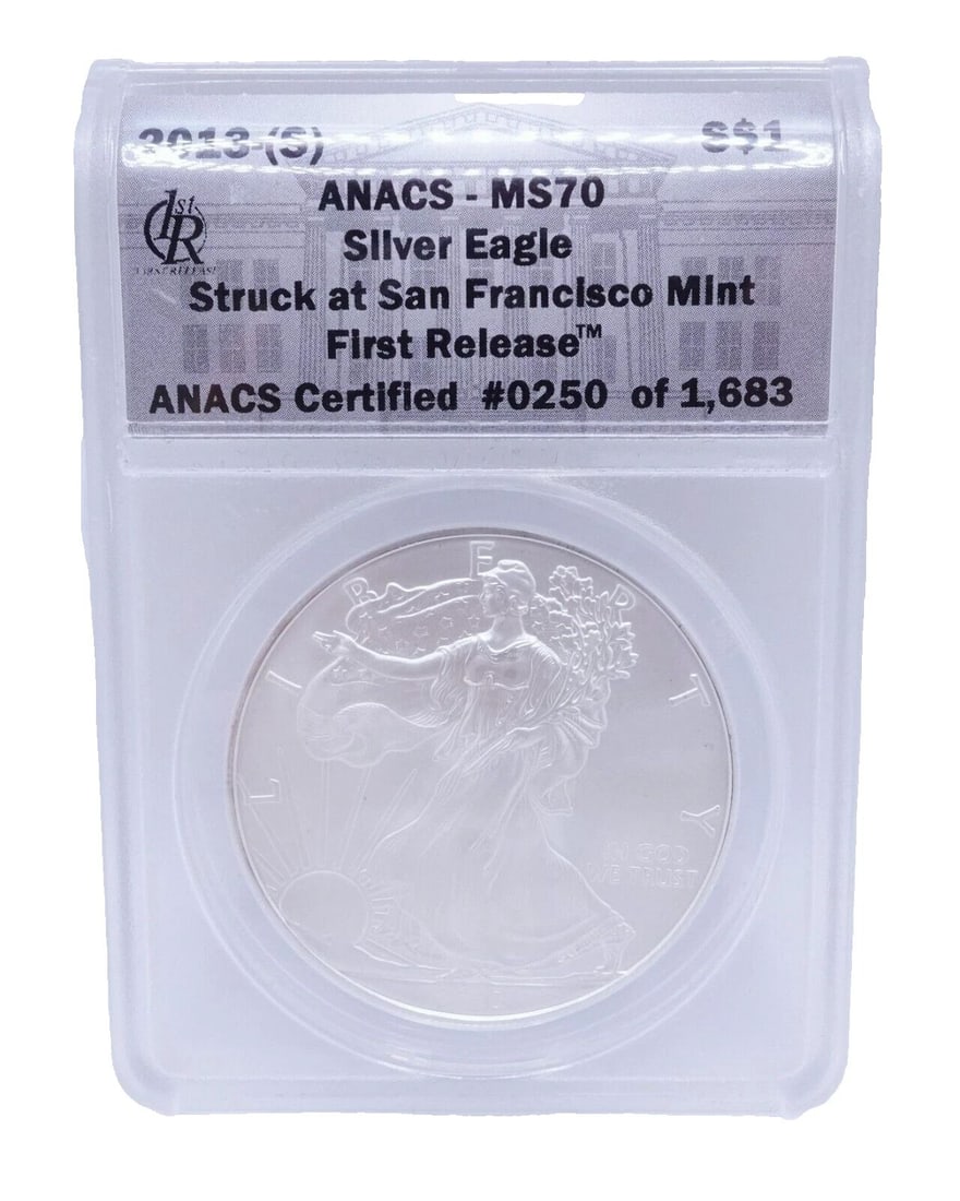 2013 S AMERICAN EAGLE SILVER $1 DOLLAR COIN FIRST RELEASE - ANACS MS70: 2013 S AMERICAN EAGLE SILVER $1 DOLLAR COIN FIRST RELEASE - ANACS MS70 2013 S American Eagle Silver $1 Dollar ANACS Certified - MS 70