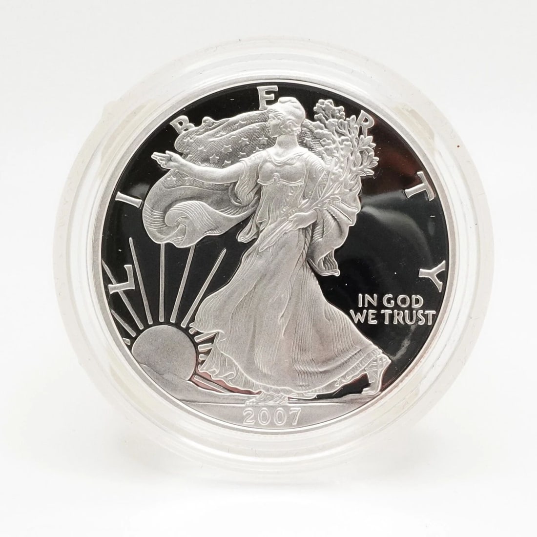 2007 W AMERICAN EAGLE UNCIRCULATED SILVER $1 DOLLAR COIN - CAPSULATED: 2007 W AMERICAN EAGLE UNCIRCULATED SILVER $1 DOLLAR COIN - CAPSULATED 2007 W American Eagle Uncirculated Silver $1 Dollar Coin Excellent & Capsulated Coins have not been opened or touched from their c