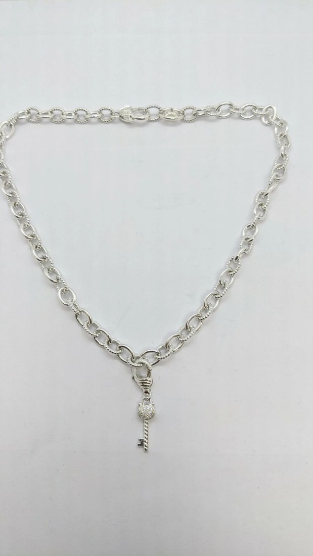 JUDITH RIPKA STERLING SILVER & CZ KEY AND LOCK PENDANT CHAIN NECKLACE 18" LONG: JUDITH RIPKA STERLING SILVER & CZ KEY AND LOCK PENDANT CHAIN NECKLACE - 18" LONG Judith Ripka Sterling Silver & CZ Key and Lock Pendant Chain Necklace Length - 18" Long Total Weight - 50.4 Grams Profe