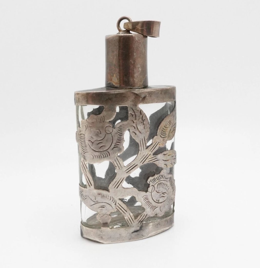 LHM MEXICO STERLING SILVER OVERLAY GLASS PERFUME BOTTLE WITH BAIL - 2.5" (1 of 2)