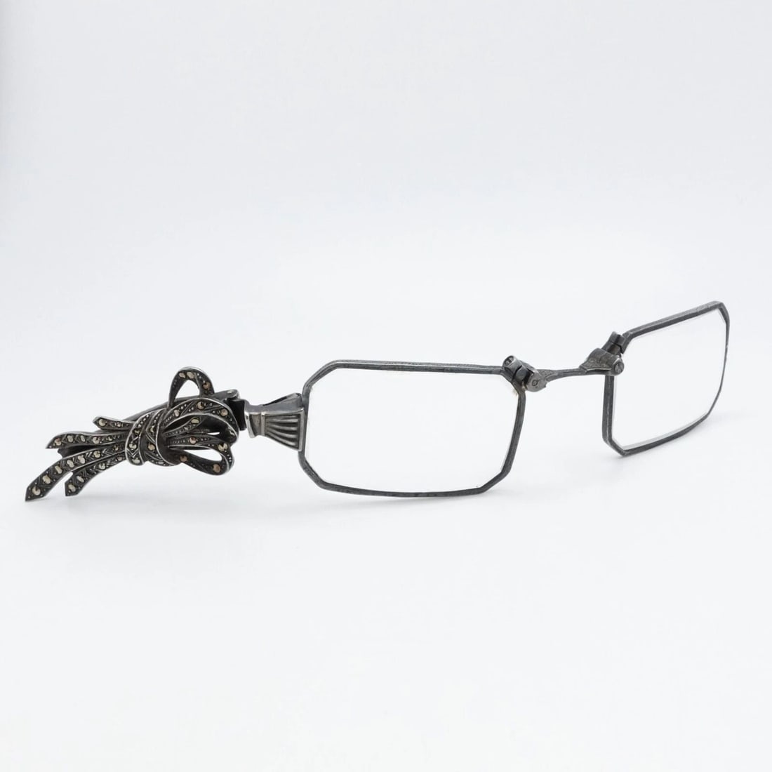SILVER 835 FOLDING LORGNETTE GLASSES WITH RIBBON MARCASITE HANDLE: Antique Silver 835 Folding Lorgnette Art Deco Glasses with Ribbon Marcasite Handle Total Frame Width - 104.1mm (4.1") Lens Height - 28.5mm Lens Width - 41mm Bridge Width - 21.1mm Temple Length - 58.5m