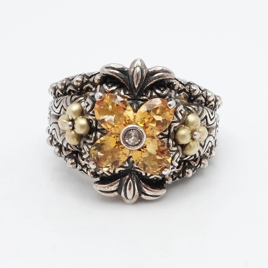 BARBARA BIXBY STERLING SILVER 18K YELLOW GOLD FLOWER CITRINE RING - SIZE 7.25: BARBARA BIXBY STERLING SILVER 18K YELLOW GOLD FLOWER CITRINE RING - SIZE 7.25 Barbara Bixby Sterling Silver 18K Yellow Gold Flower Accent Citrine Cocktail Ring Size - 7.25 Band Width - 4mm Height - 16