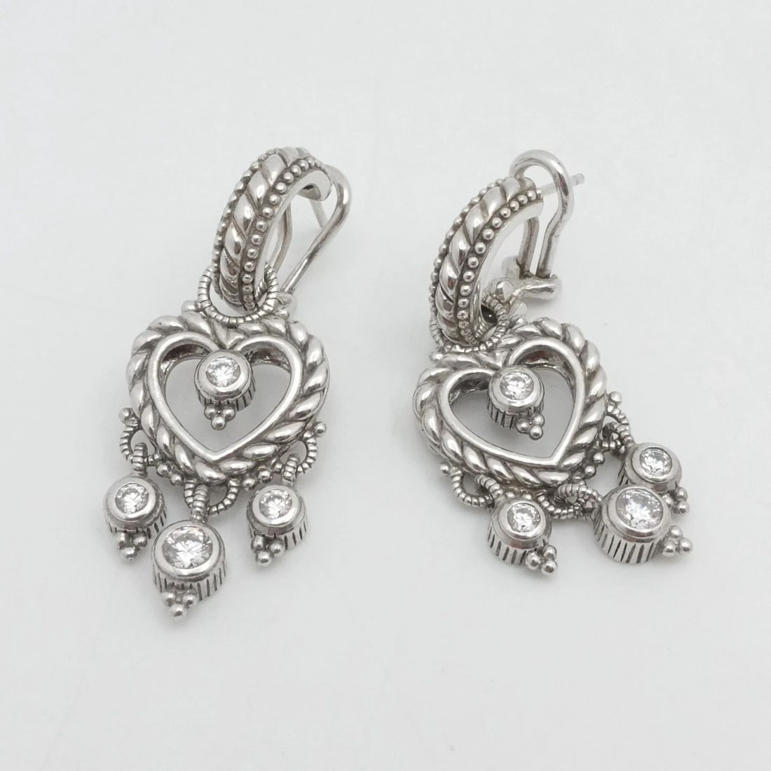 JUDITH RIPKA STERLING SILVER ROUND CZ HEART CHARM DANGLE OMEGABACK EARRINGS (1 of 2)