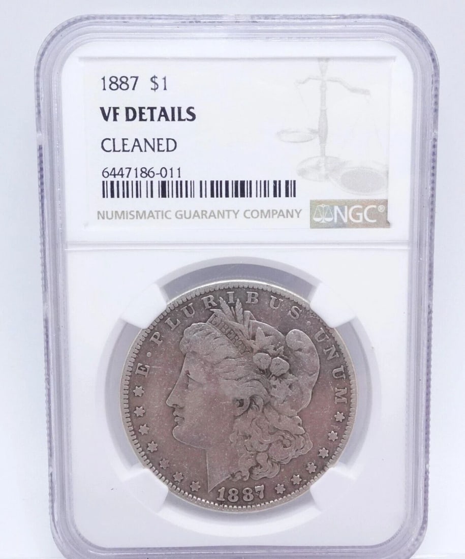 1887 MORGAN SILVER DOLLAR $1 COIN - NGC VF DETAILS CLEANED: 1887 Morgan Silver Dollar .900 Fine Silver $1 Coin NGC Certified - VF Details Cleaned NGC Cert # 6447186-011