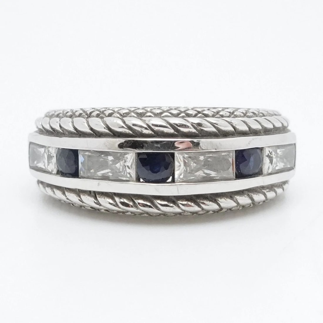 JUDITH RIPKA STERLING SILVER BLUE SAPPHIRE CLEAR CZ CABLE BAND CABLE RING 7.25: JUDITH RIPKA STERLING SILVER BLUE SAPPHIRE CLEAR CZ CABLE BAND CABLE RING 7.25 Judith Ripka Sterling Silver Blue Sapphire & Clear Cubic Zirconia Cable Band Ring Size - 7.25 Band Width - 5mm Height - 9
