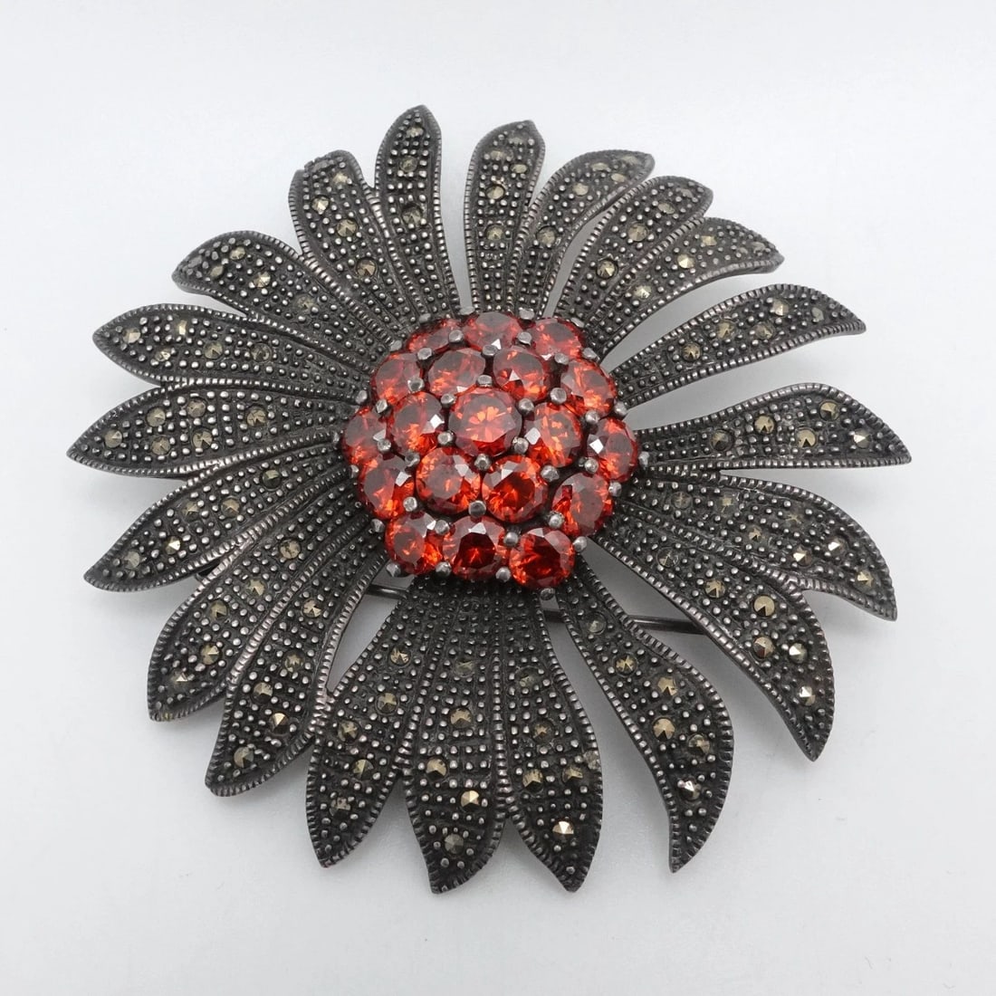 STERLING SILVER GARNET & MARCASITE FLOWER LARGE PENDANT BROOCH PIN 2.75" (1 of 2)