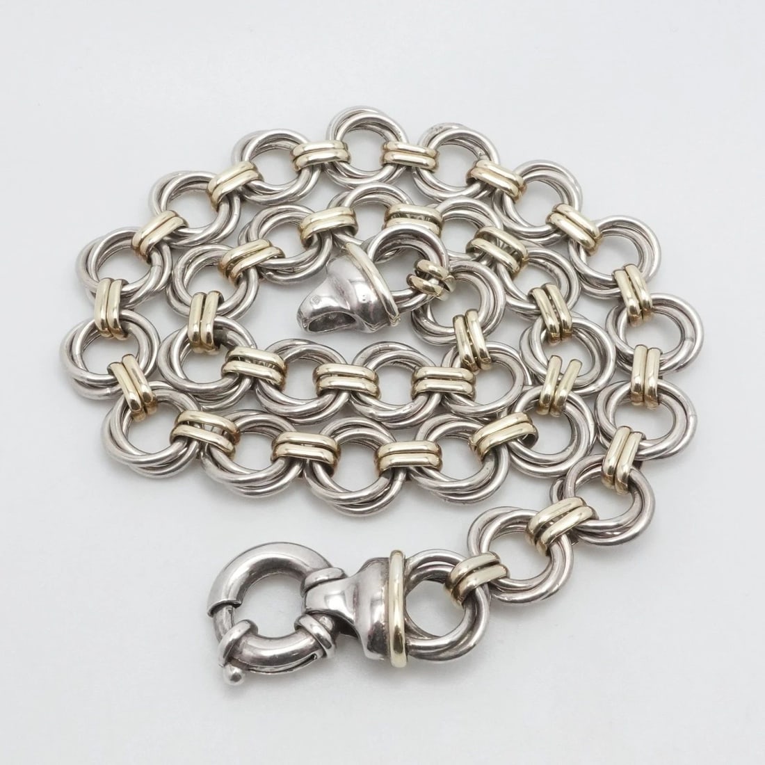 TWO TONE STERLING SILVER YELLOW GOLD PLATED 12MM CIRCLE CHAIN LINK NECKLACE 16" (1 of 2)