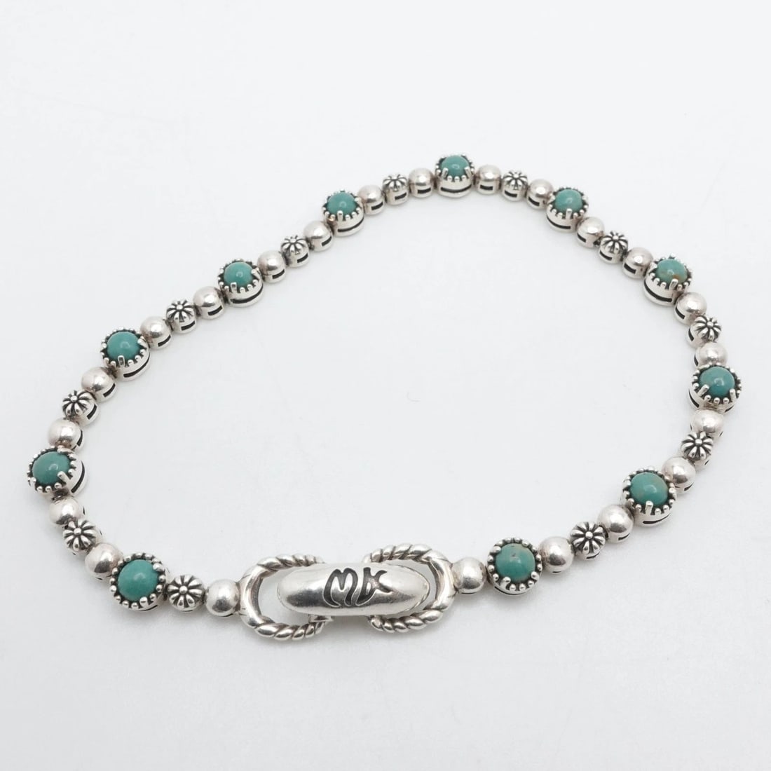 UTC STERLING SILVER GREEN TURQUOISE FLOWER CHAIN LINK BRACELET 8.25" LONG: UTC STERLING SILVER GREEN TURQUOISE FLOWER CHAIN LINK BRACELET 8.25" LONG UTC Sterling Silver Green Turquoise Flower Southwestern Chain Link Bracelet Length - 8.25" Long Wrist Size - Relax 7.75 - 8" S