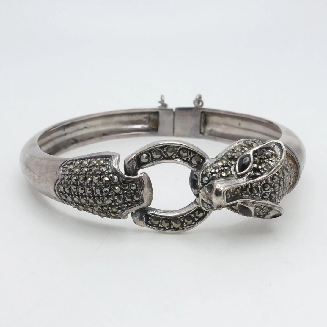 STERLING SILVER MARCASITE ONYX ANIMAL PANTHER HEAD BANGLE BRACELET 7" WRIST (1 of 2)