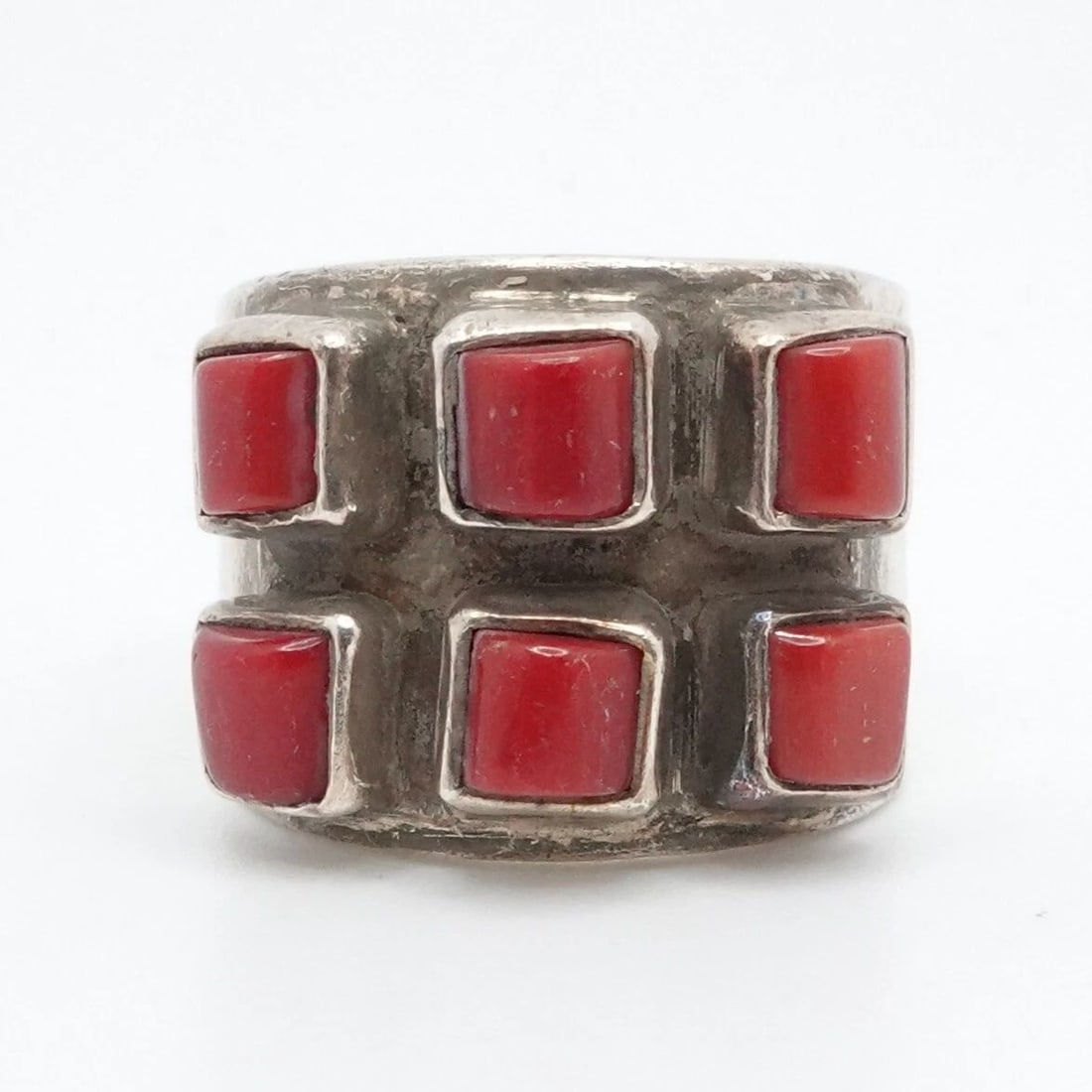 EXEX SIGNED STERLING SILVER SQUARE RED GEMSTONE WIDE BAND RING SIZE 4.5: EXEX CLAUDIA AGUDELO STERLING SILVER RED CORAL GEMSTONE WIDE BAND RING SZ 4.5 Vintage EXEX Claudia Agudelo Sterling Silver Red Coral Gemstone Wide Band Ring Size - 4.5 Band Width - 9.5mm Depth - 1.9mm
