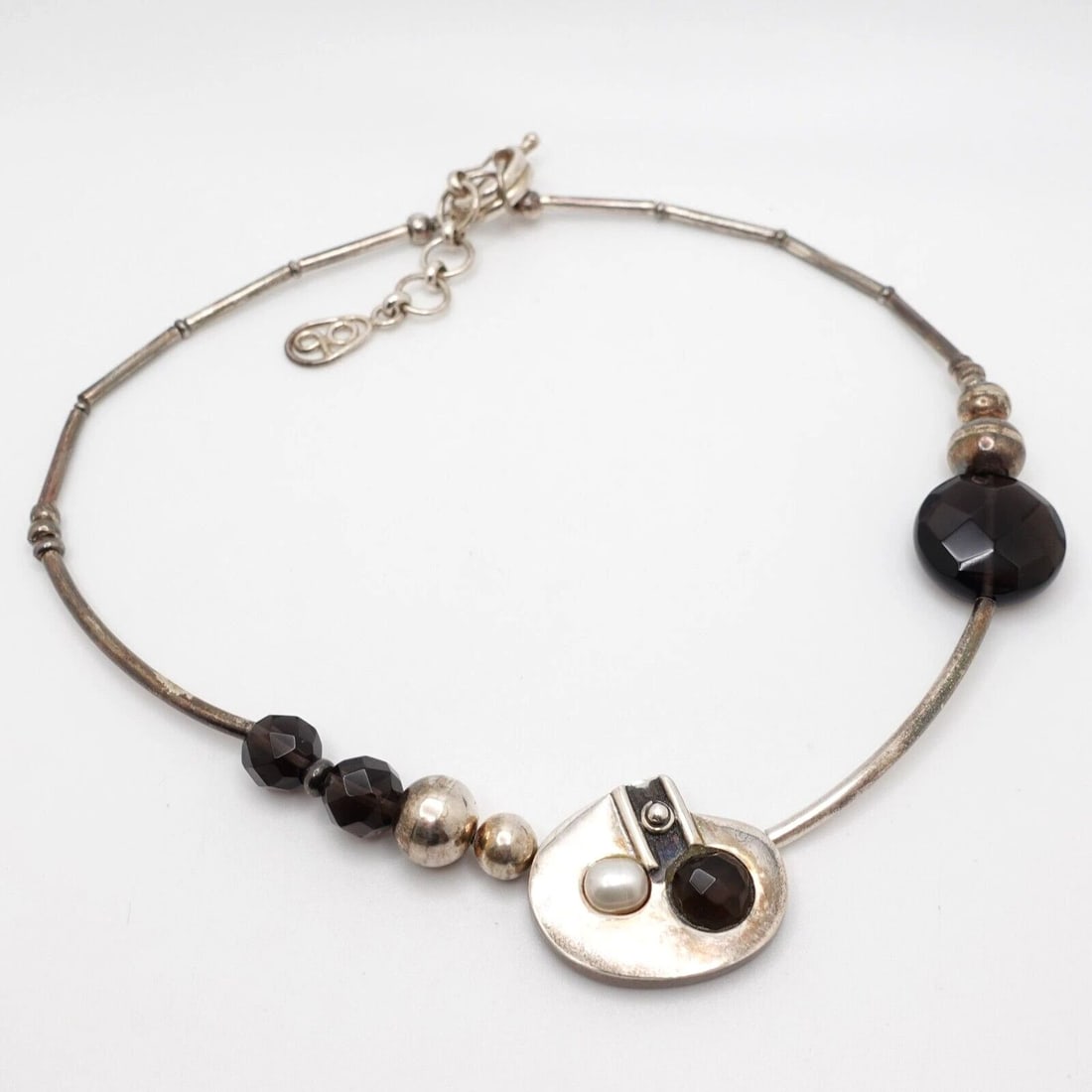 OP SILVER 950 SMOKY QUARTZ GEMSTONE PENDANT BEADED CHAIN NECKLACE - 17.5" (1 of 2)