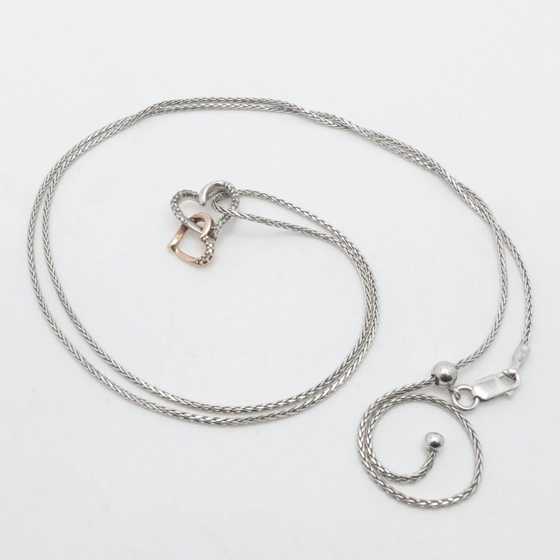STERLING SILVER TWO TONE DOUBLE HEART DIAMOND CHARM ADJUSTABLE NECKLACE 23.5" (1 of 2)