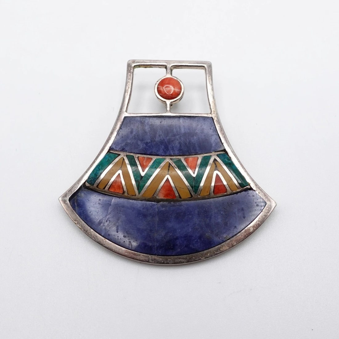 STERLING SILVER 925 PERU MULTI GEMSTONE INLAY ASYMMETRICAL PENDANT - 2" (1 of 2)