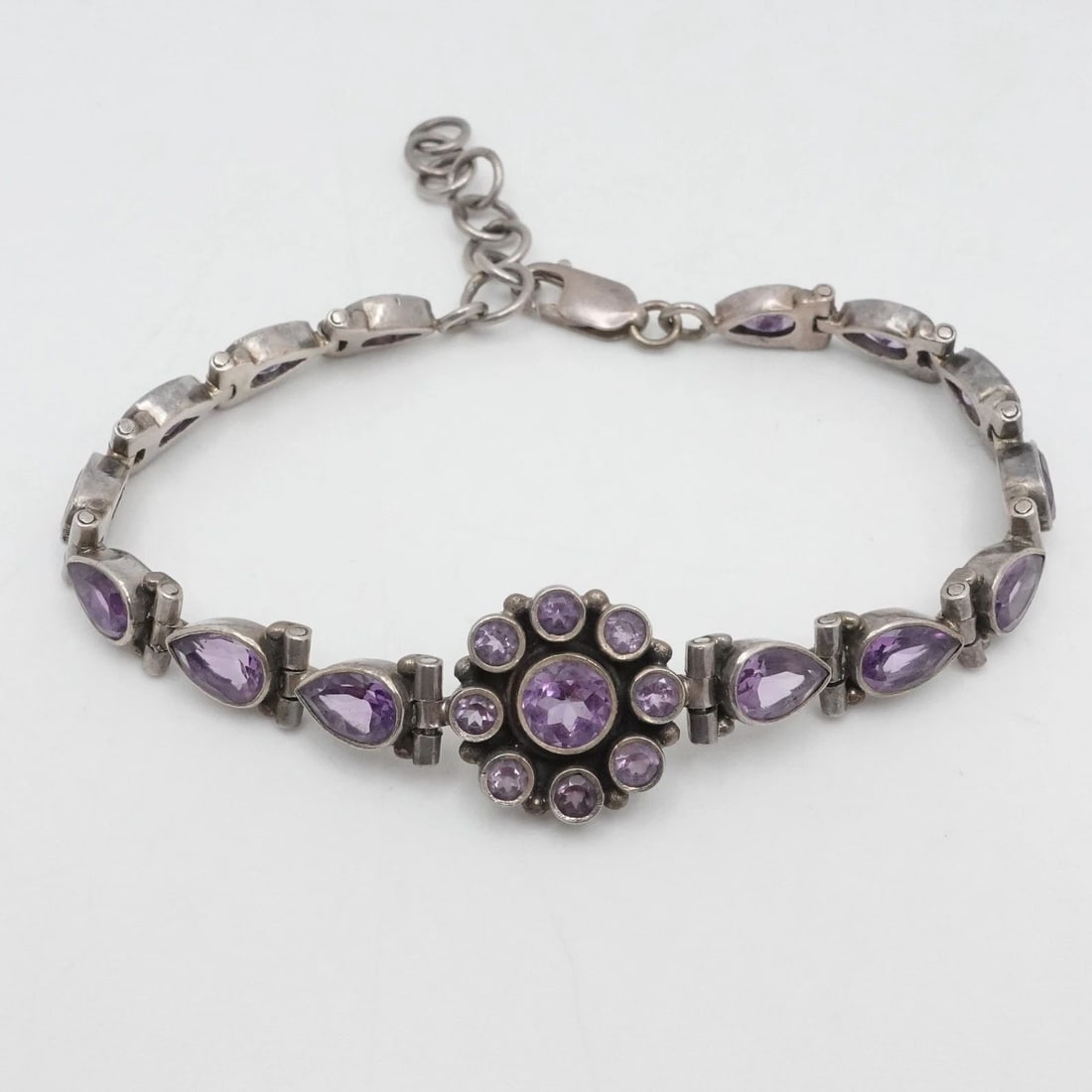 STERLING SILVER AMETHYST FLOWER CHAIN ADJUSTABLE BRACELET 9.25" LONG (1 of 2)