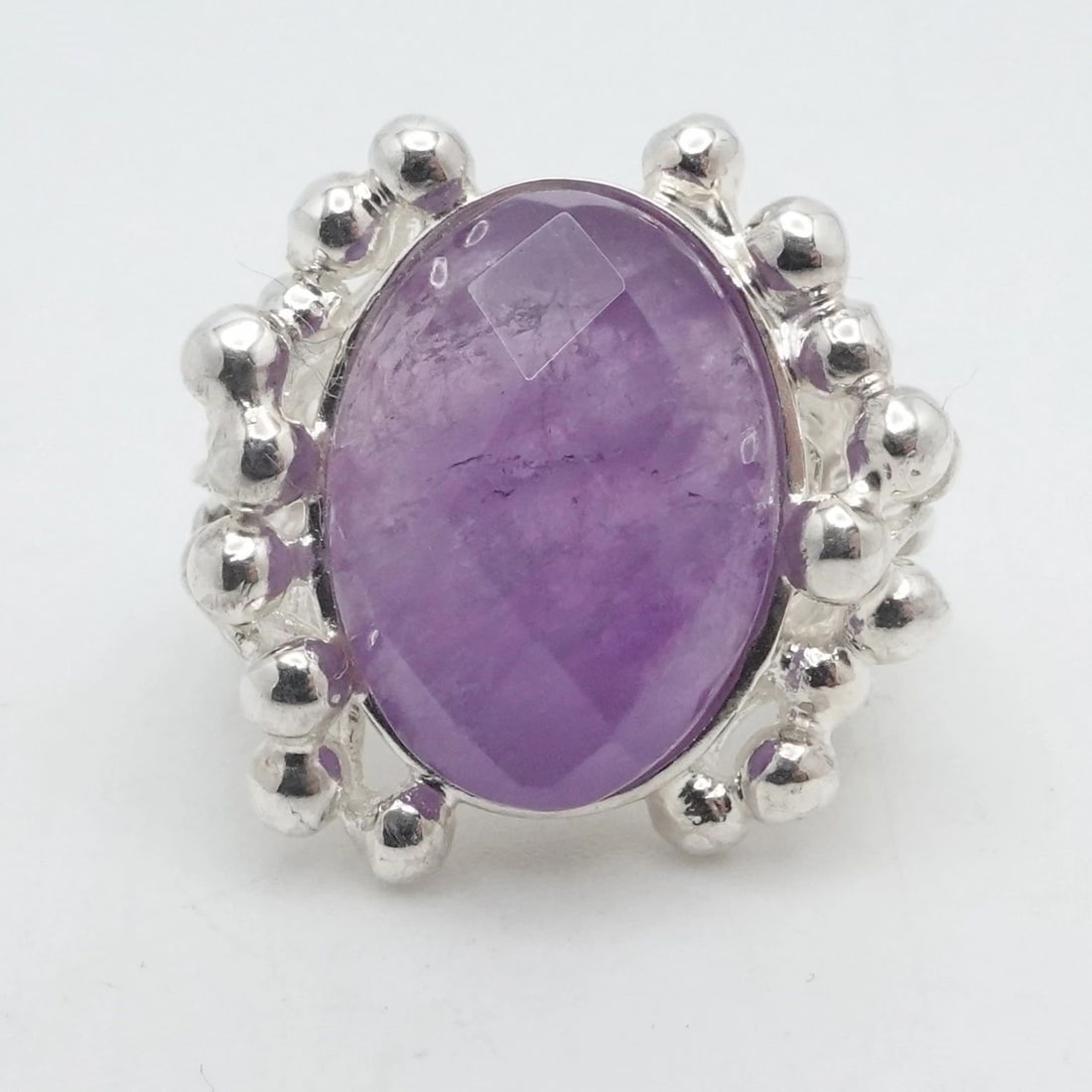 RIDER SILVER 950 FACETED OVAL AMETHYST BEADED RING SIZE 6.5 (1 of 2)