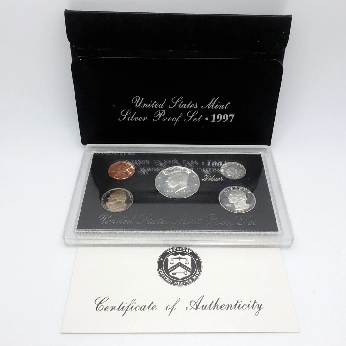 1997 S U.S MINT SILVER PROOF SET OGP COA: 1997 S U.S MINT SILVER PROOF SET OGP COA 1997 S U.S Mint Silver Proof Set with 90% Silver Half Kennedy Dollar, Washington Quarter, & Roosevelt Dime OGP & COA Included *Light normal tarnish toning & bl