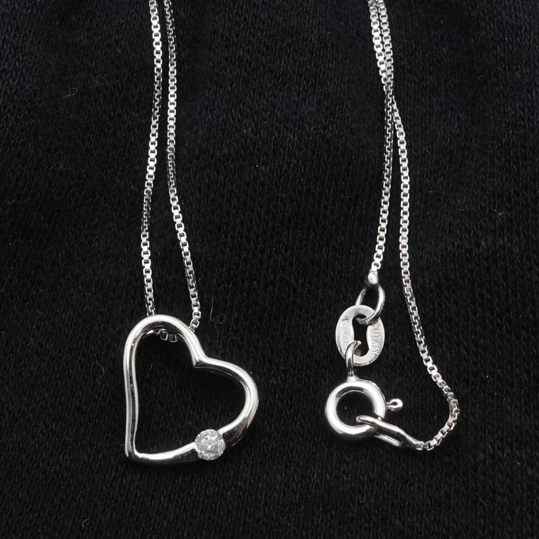 AFJC SIGNED STERLING SILVER OPEN HEART DIAMOND CHARM BOX CHAIN NECKLACE 17.75": AFJC SIGNED STERLING SILVER OPEN HEART DIAMOND CHARM BOX CHAIN NECKLACE 17.75" AFJC Signed Sterling Silver Open Heart Diamond Small Charm Pendant with Italy Box Chain Necklace Length - 17.75" Long