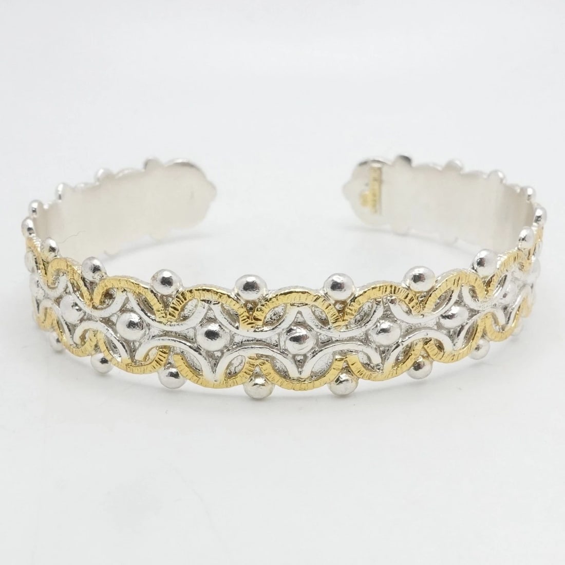 STERLING SILVER GOLD PLATED TWO TONE SCROLL BEADED CUFF BRACELET 7" WRIST (1 of 2)
