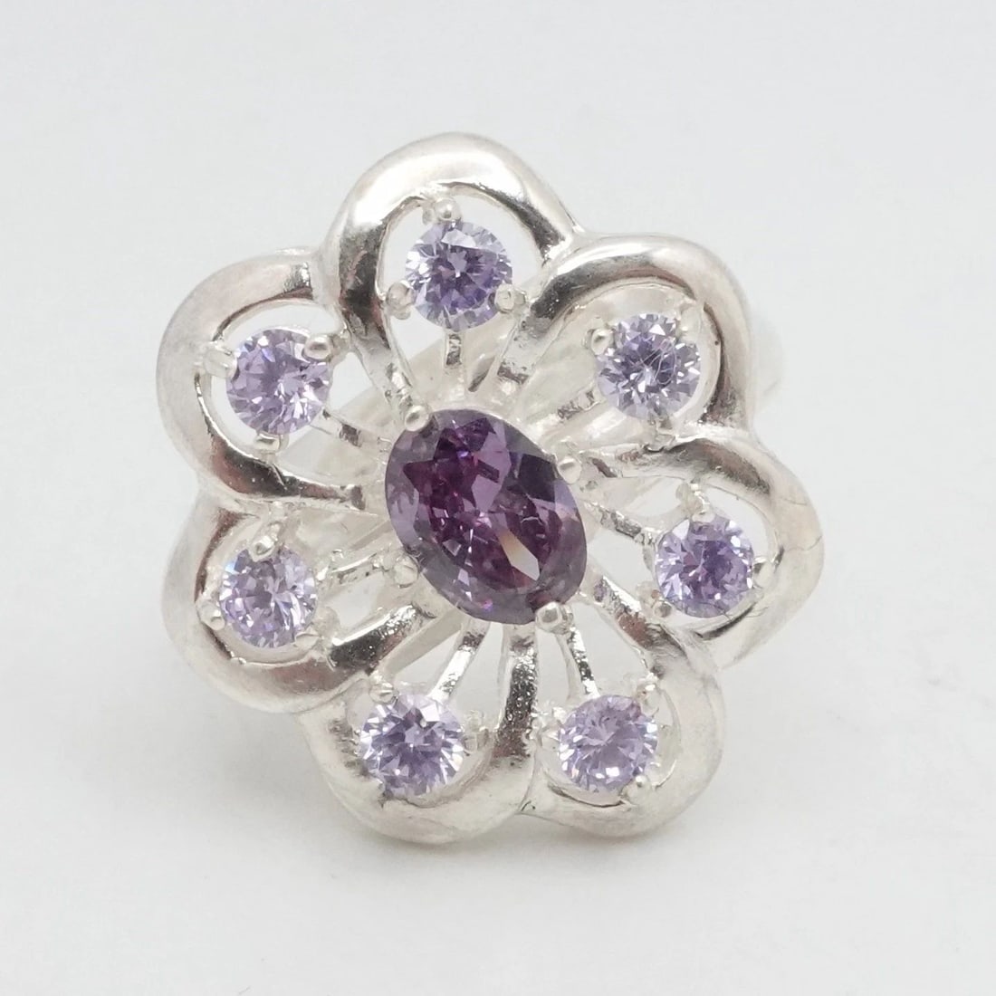 RIDER SILVER 950 PURPLE GEMSTONE FLOWER RING SIZE 7.5 (1 of 2)