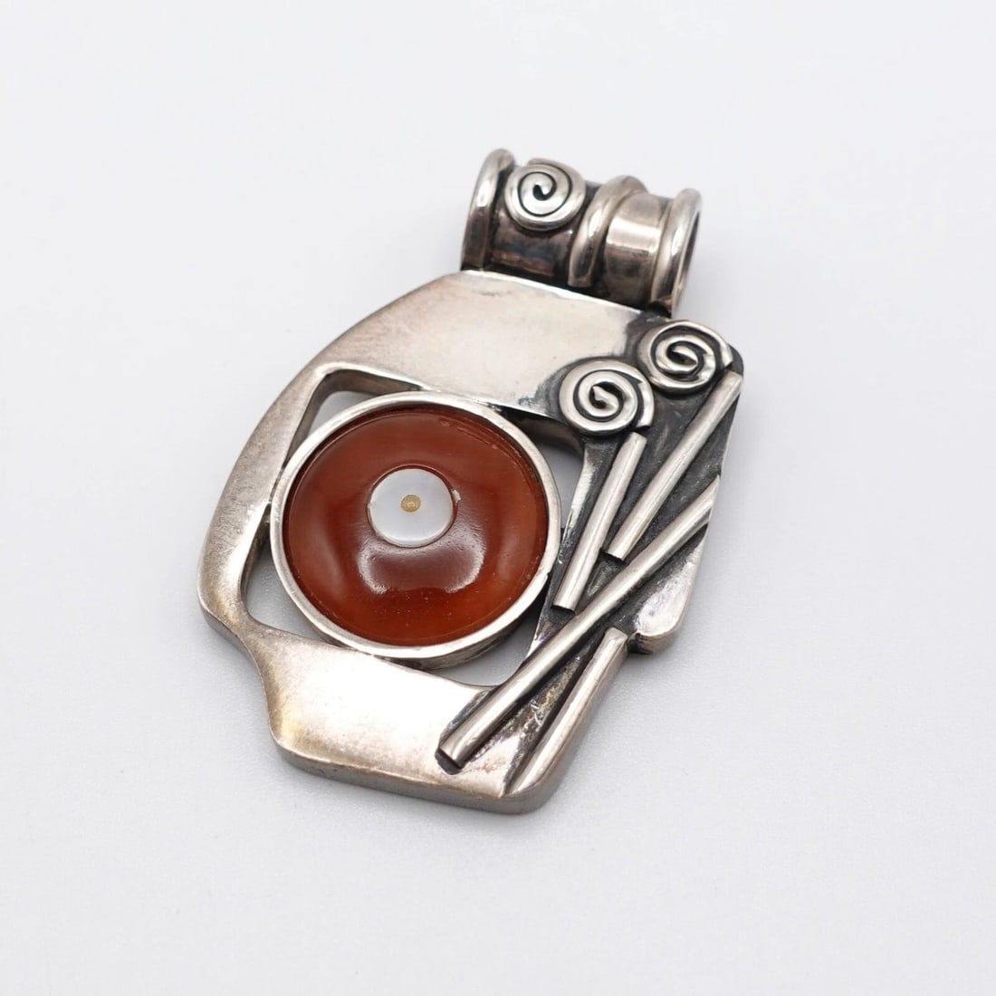 OP SILVER 950 BROWN ROUND GEMSTONE ASYMMETRICAL PENDANT - 2" (1 of 2)