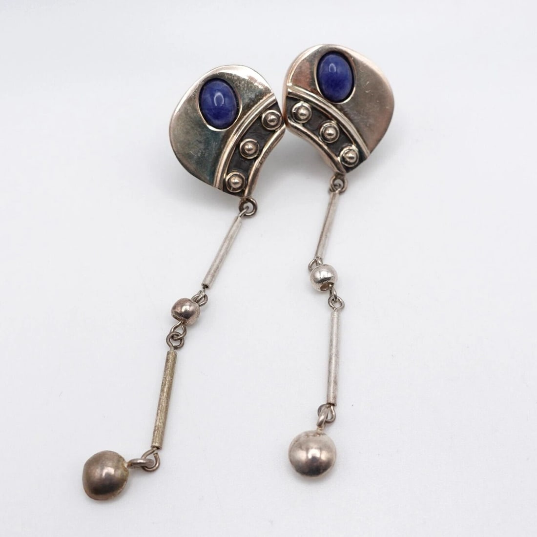OP SILVER 950 SODALITE GEMSTONE ASYMMETRICAL CLIP-ON STUD DANGLE EARRINGS - 3.5" (1 of 2)