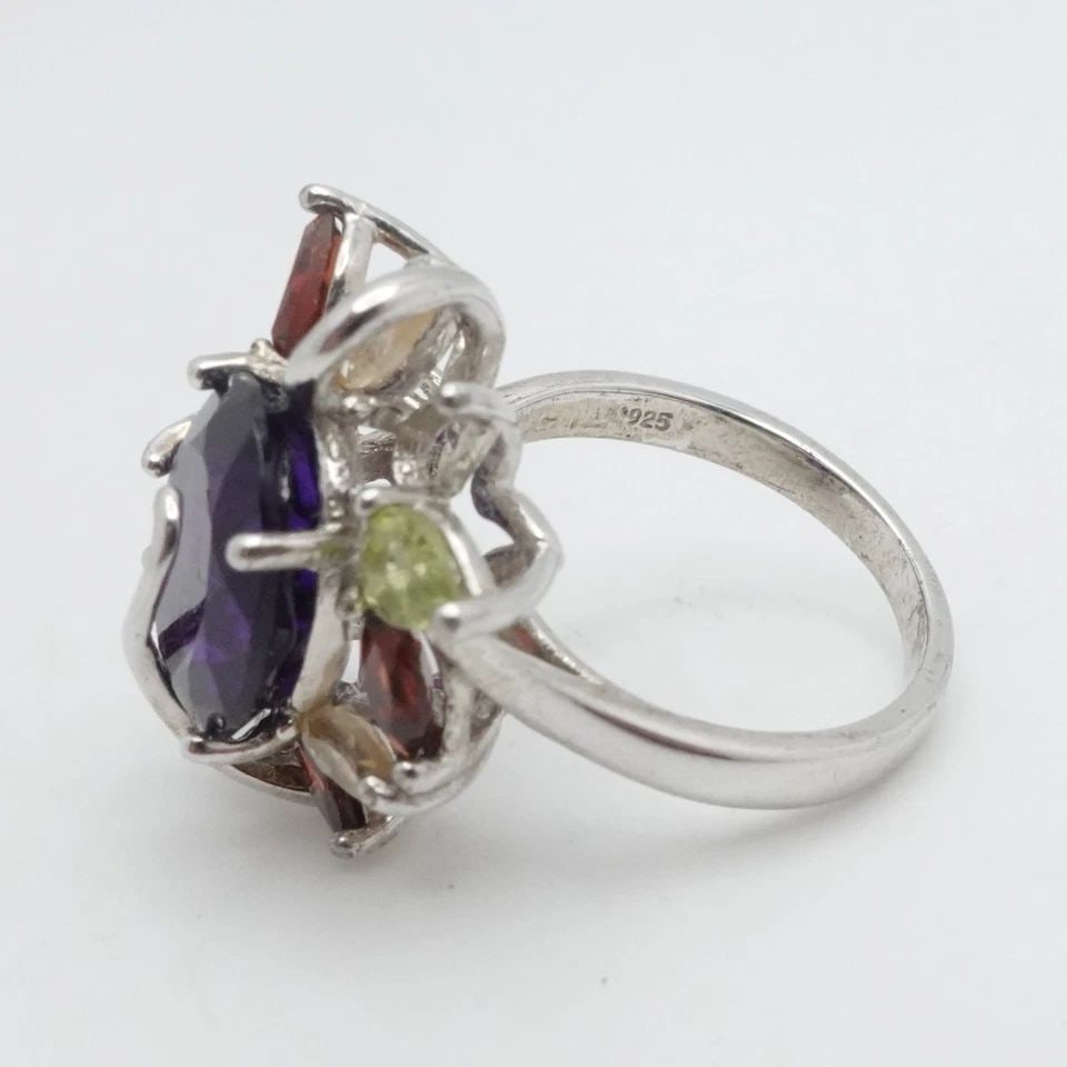 STERLING SILVER MULTI GEMSTONE CLUSTER RING SIZE 6.25 - 2