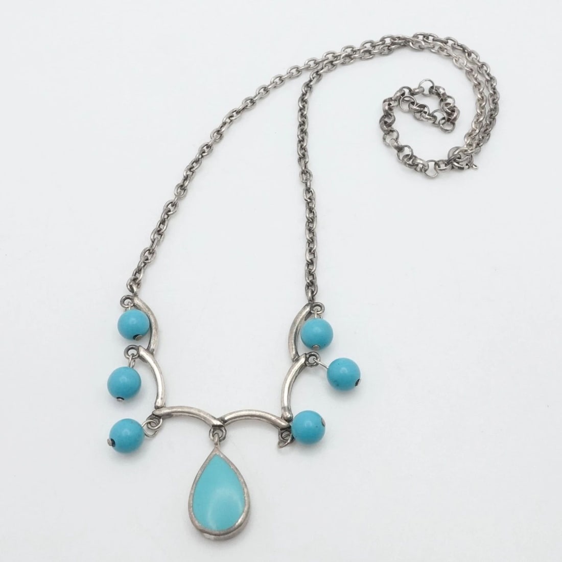 SU STERLING SILVER TEARDROP TURQUOISE BEADED CHAIN ADJUSTABLE NECKLACE 18" (1 of 2)