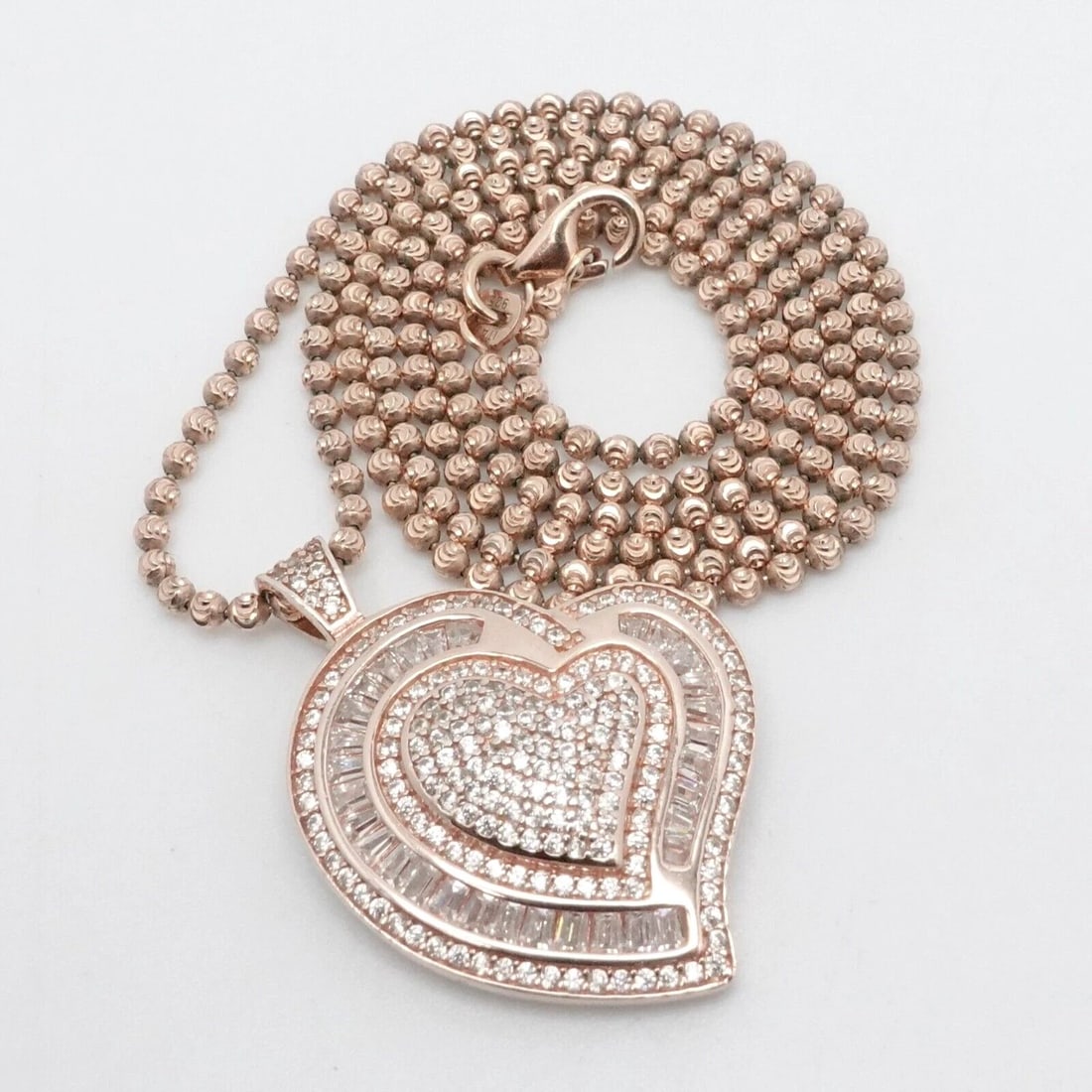 ITALY FZN ROSE GOLD PLATED STERLING SILVER PAVE HEART CLEAR CZ PENDANT NECKLACE: ITALY FZN ROSE GOLD PLATED STERLING SILVER PAVE HEART CLEAR CZ PENDANT NECKLACE Italy FZN Rose Gold Plated Sterling Silver Pave Heart Clear Cubic Zirconia Pendant with Diamond Cut Style Ball Chain Lin
